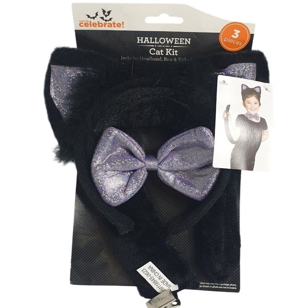 Celebrate It Halloween Cat Ears Tail Neck Tie Kit Purple Glitter Faux Fur